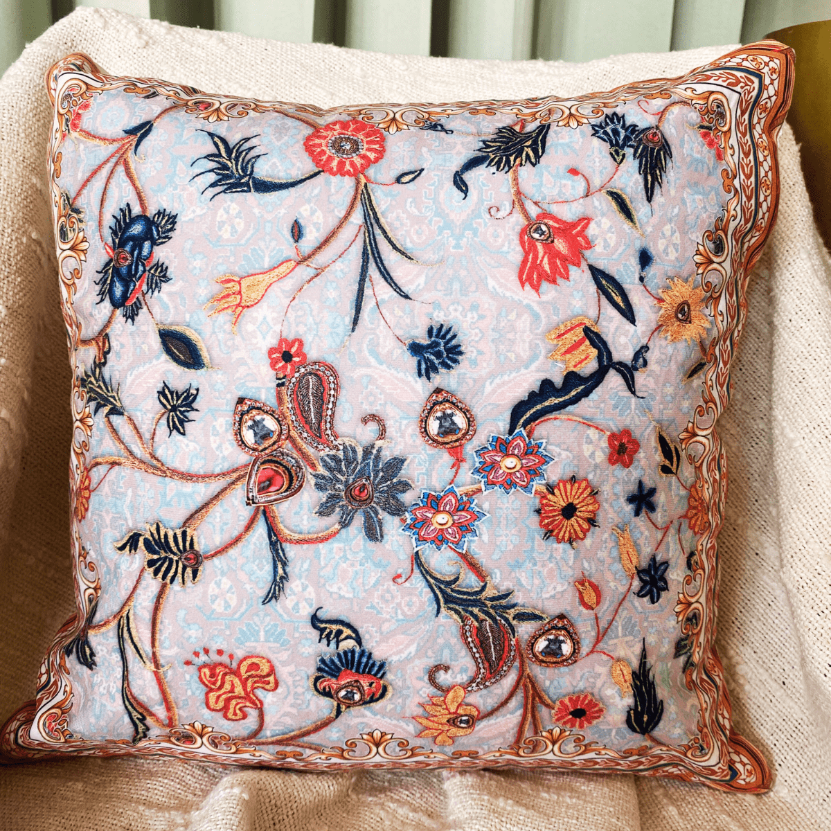 Persian Flower Cushion Cover, 16" x 16", Pack of 2 - Coral Slub -